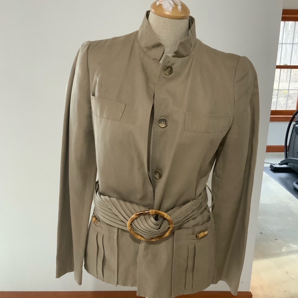 Tan jacket with bamboo embellishments